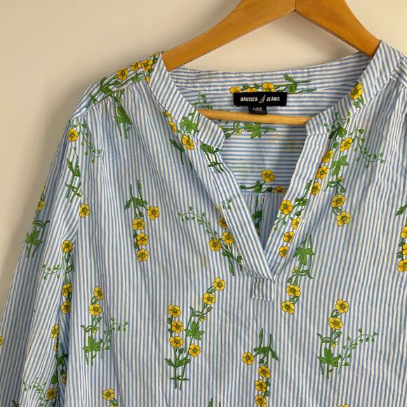NAUTICA Jeans Floral Blue Stripes Top Blouse Large 3/4 Sleeve Office Preppy - Picture 11 of 13